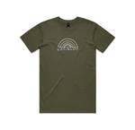 Green t-shirt with a white logo on a white background