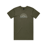 Green t-shirt with a white logo on a white background