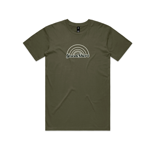 Green t-shirt with a white logo on a white background